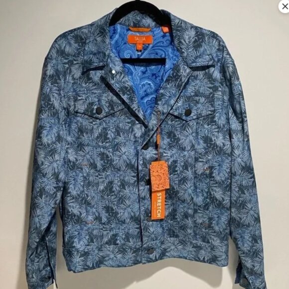TALLIA Trucker Jacket - Blue Tropical Leaf Print NWT - Medium - Picture 1 of 4